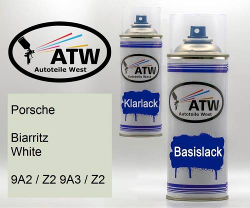 Porsche, Biarritz White, 9A2 / Z2 9A3 / Z2: 400ml Sprühdose + 400ml Klarlack - Set, von ATW Autoteile West.